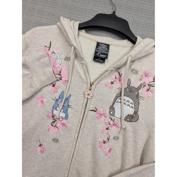 Studio Ghibli Tops - Studio Ghibli Hoodie Womens Medium Beige Totoro Cherry Blossom Zip Fleece Print
